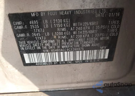 2016 Subaru Outback 2.5I Premium z USA, uszkodzony, nr VIN 4S4BSACC9G3288975